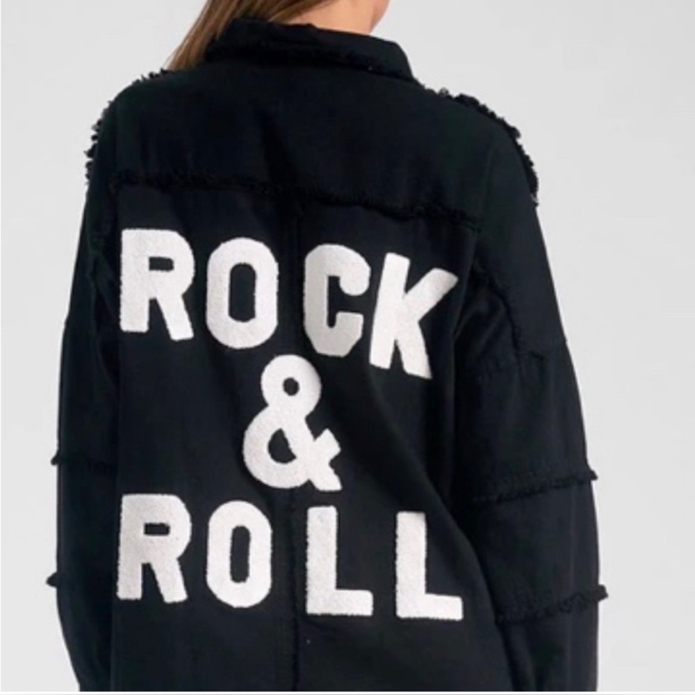 Elan Rock & Roll Denim Shacket Jacket Size M Devan Black Snap Front Frayed Trim